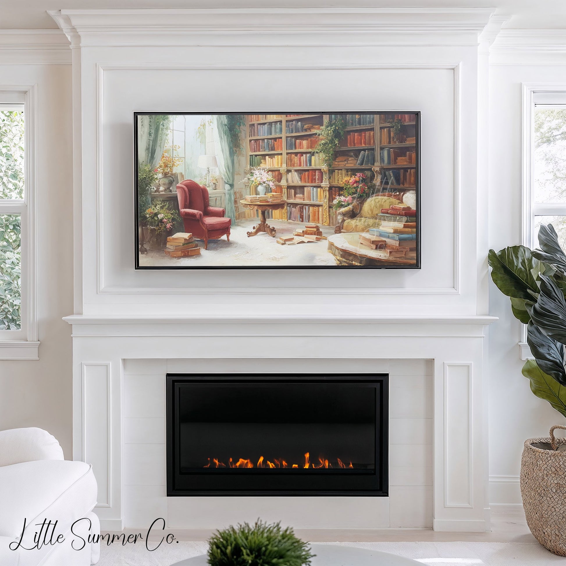 Cosy Library Books Frame TV Art displayed on a TV