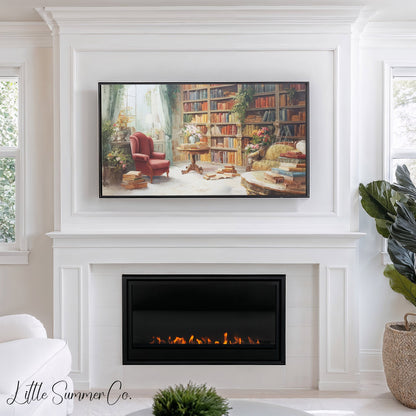 Cosy Library Books Frame TV Art displayed on a TV