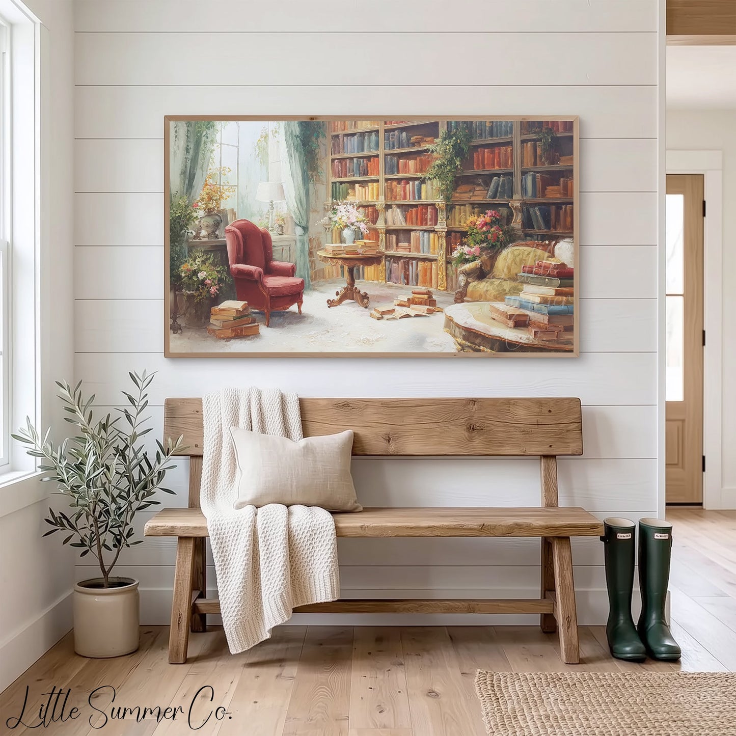 Cosy Library Books Frame TV Art displayed on a TV