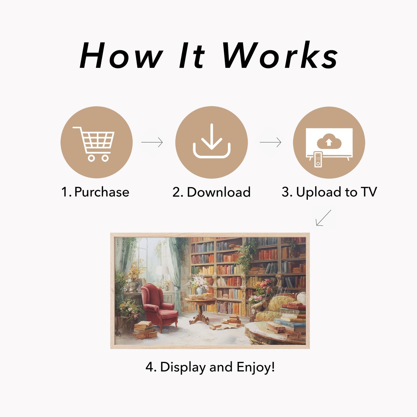 Cosy Library Books Frame TV Art displayed on a TV