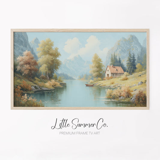 Mountain Lake Cottage Frame TV Art displayed on a TV