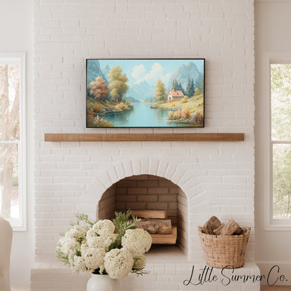 Mountain Lake Cottage Frame TV Art displayed on a TV
