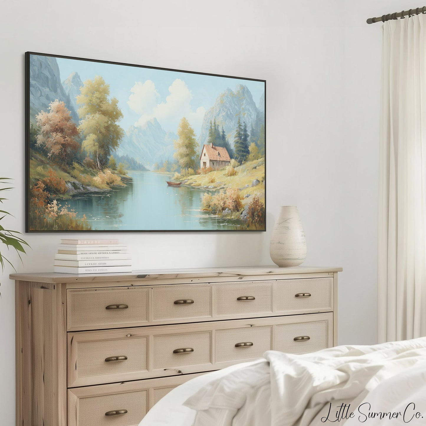 Mountain Lake Cottage Frame TV Art displayed on a TV