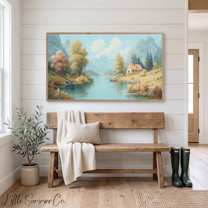 Mountain Lake Cottage Frame TV Art displayed on a TV