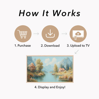 Mountain Lake Cottage Frame TV Art displayed on a TV