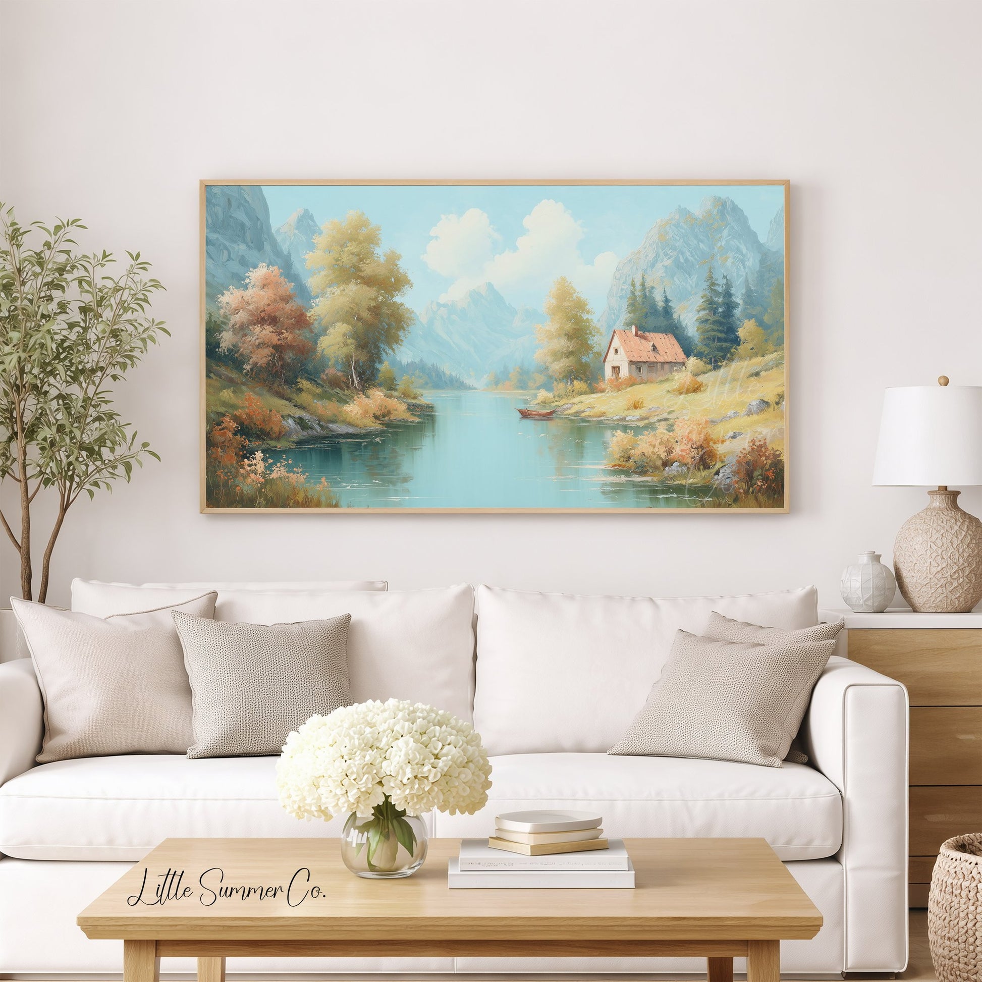 Mountain Lake Cottage Frame TV Art displayed on a TV