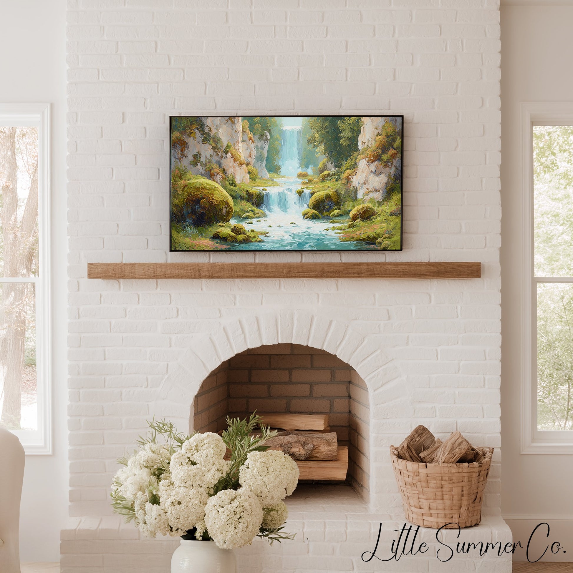 Mossy Canyon Waterfall Frame TV Art displayed on a TV