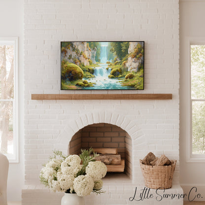 Mossy Canyon Waterfall Frame TV Art displayed on a TV