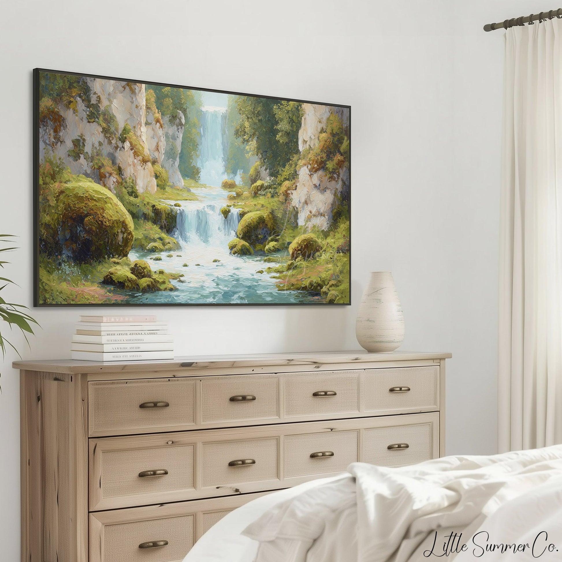Mossy Canyon Waterfall Frame TV Art displayed on a TV