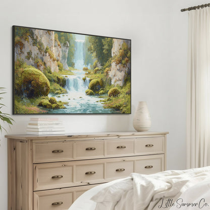 Mossy Canyon Waterfall Frame TV Art displayed on a TV