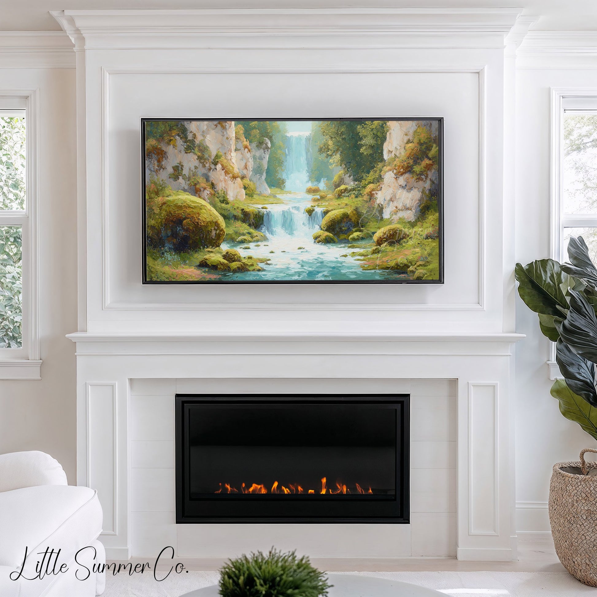 Mossy Canyon Waterfall Frame TV Art displayed on a TV