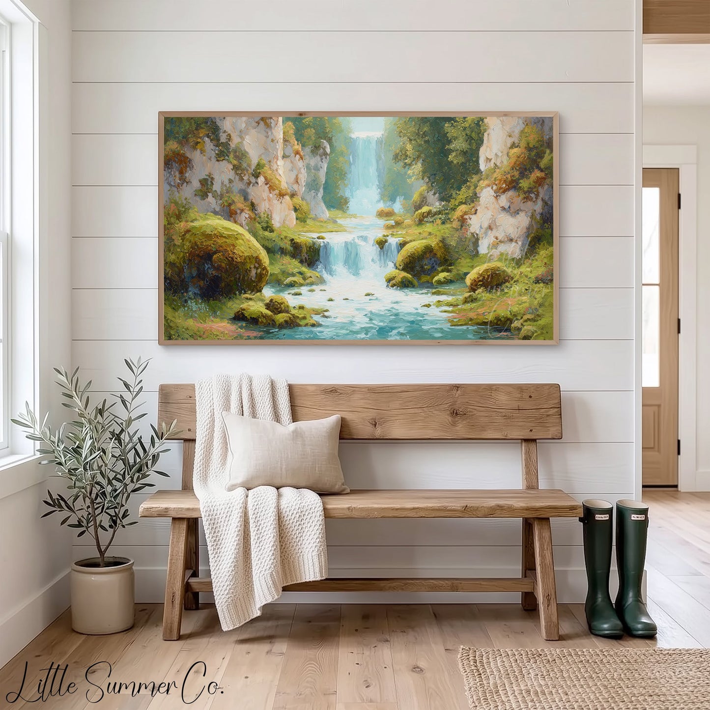 Mossy Canyon Waterfall Frame TV Art displayed on a TV