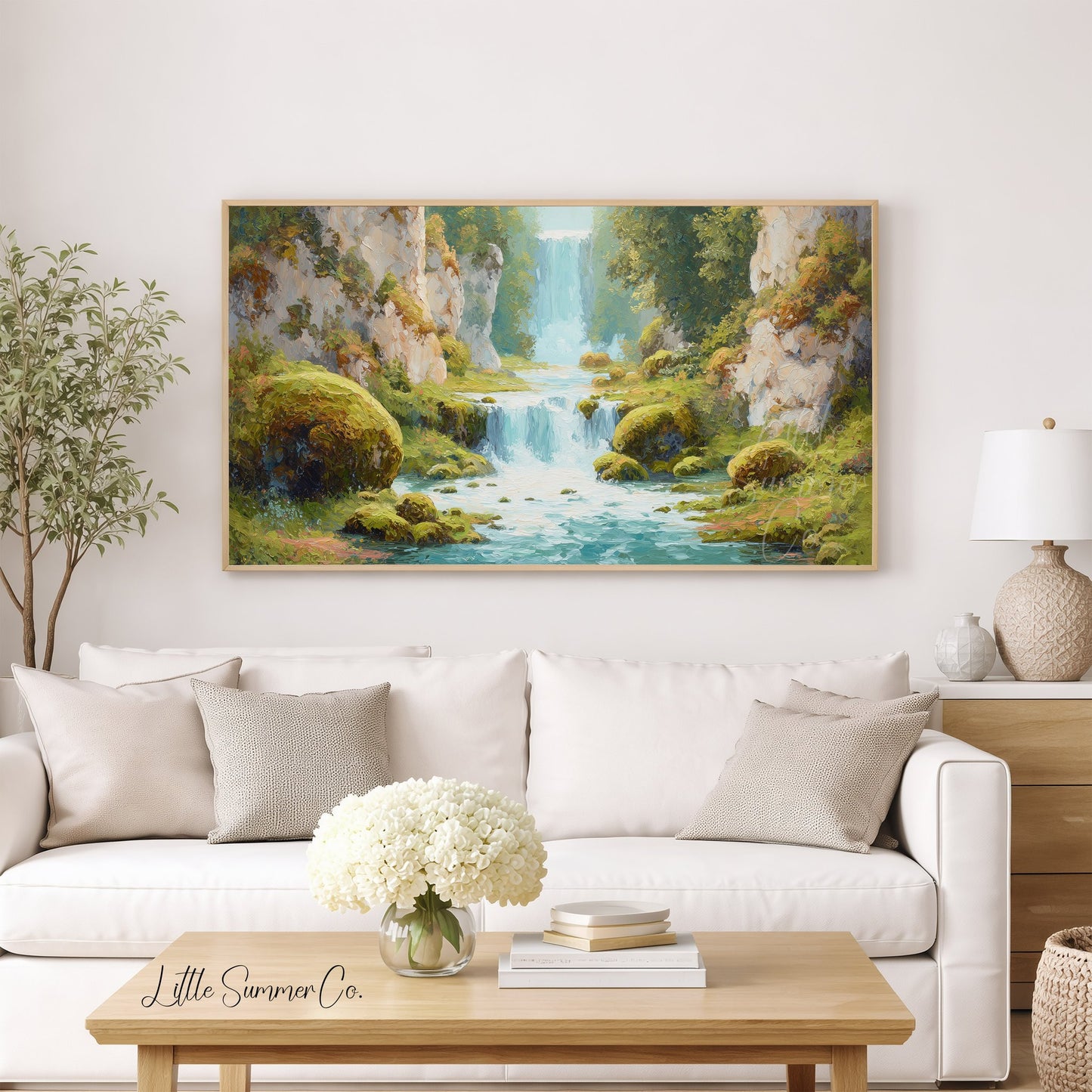 Mossy Canyon Waterfall Frame TV Art displayed on a TV