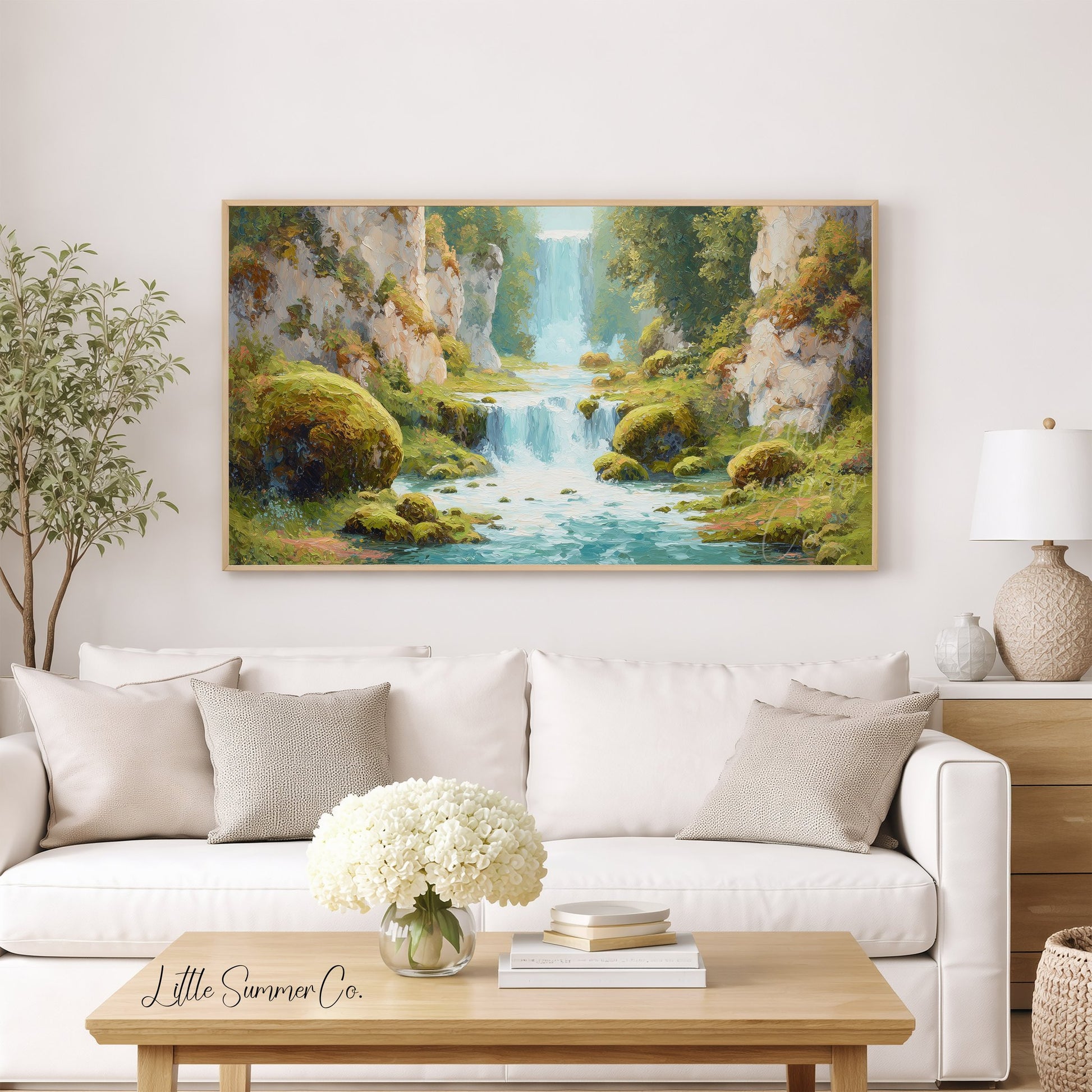 Mossy Canyon Waterfall Frame TV Art displayed on a TV