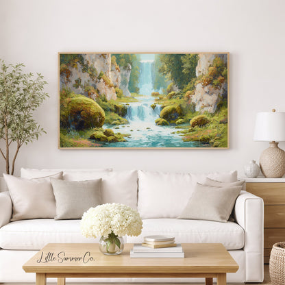 Mossy Canyon Waterfall Frame TV Art displayed on a TV