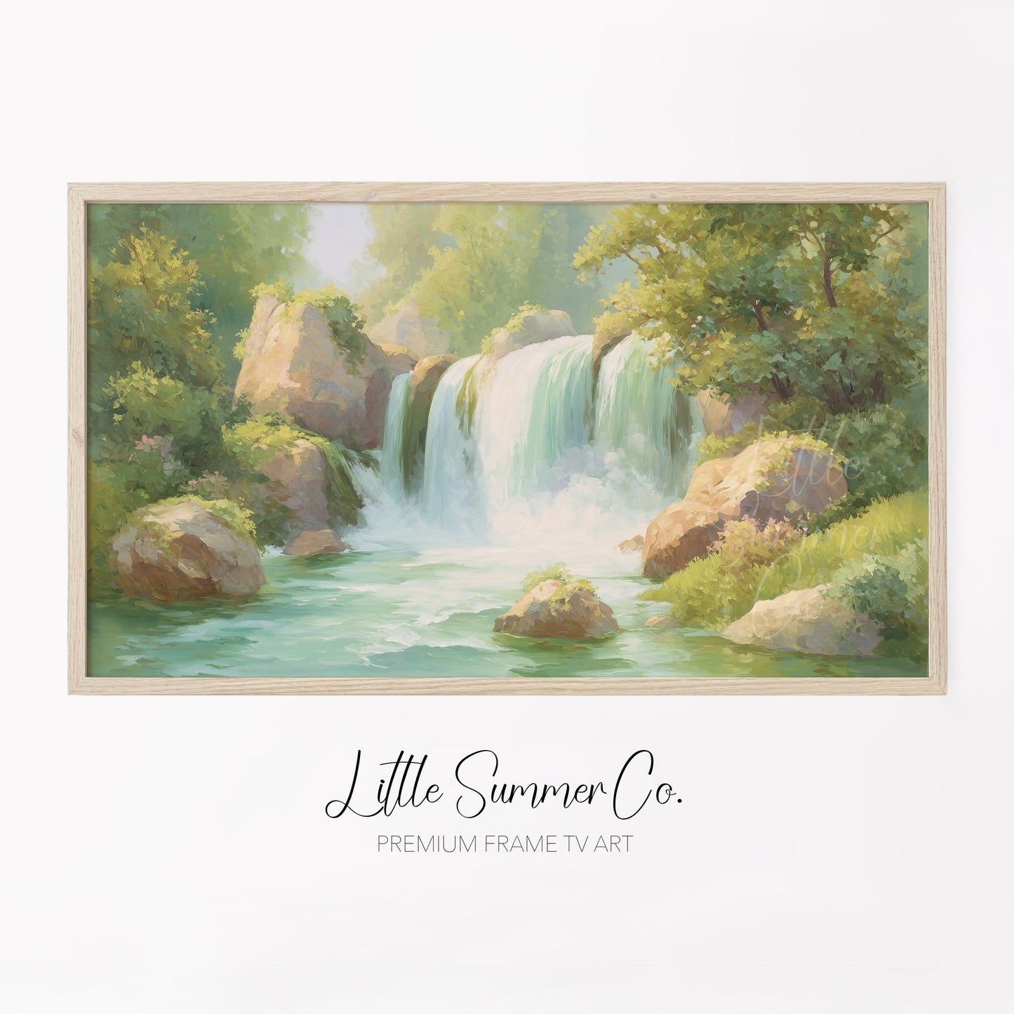 Sunlit Forest Waterfall Frame TV Art displayed on a TV