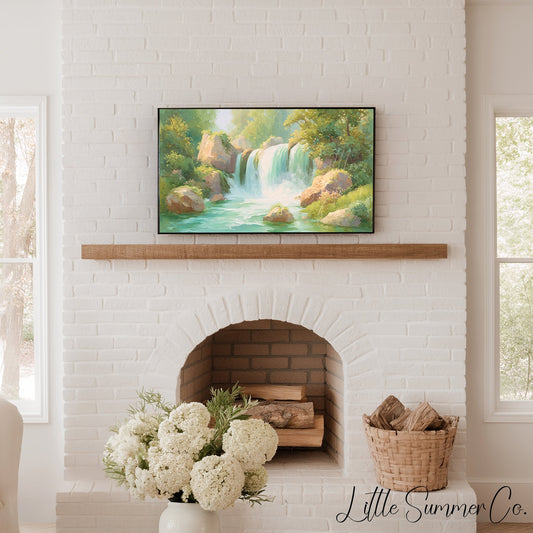Sunlit Forest Waterfall Frame TV Art displayed on a TV