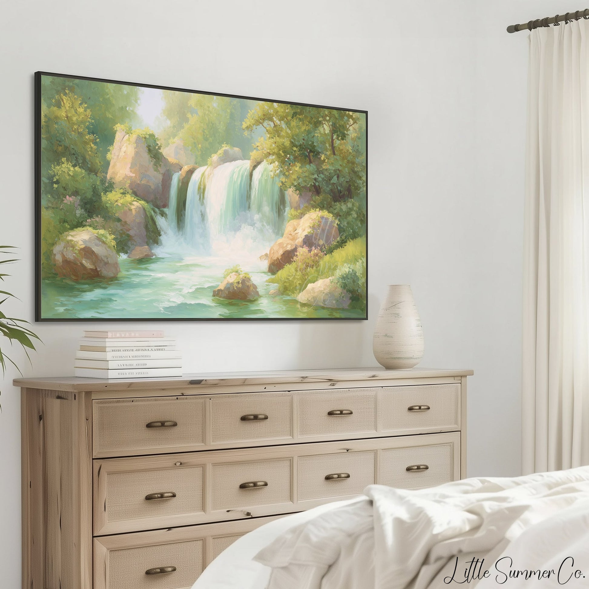 Sunlit Forest Waterfall Frame TV Art displayed on a TV