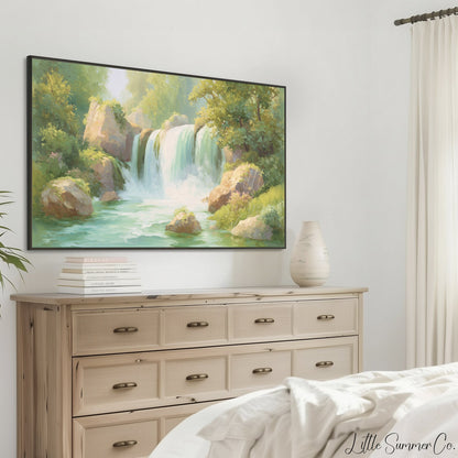 Sunlit Forest Waterfall Frame TV Art displayed on a TV