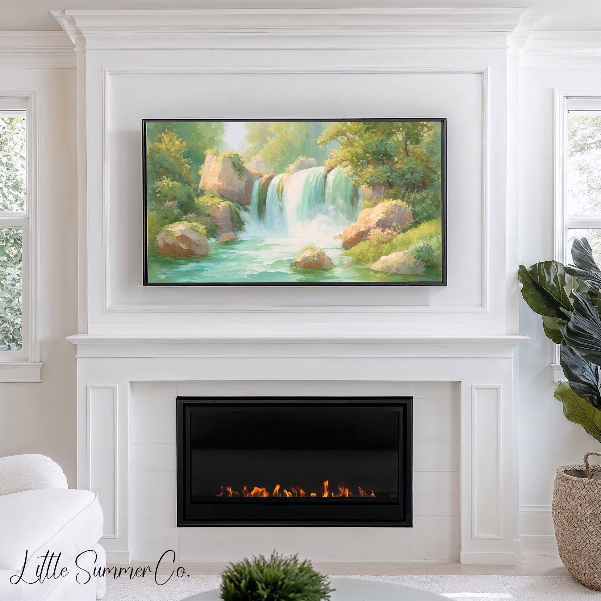 Sunlit Forest Waterfall Frame TV Art displayed on a TV