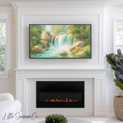 Sunlit Forest Waterfall Frame TV Art displayed on a TV