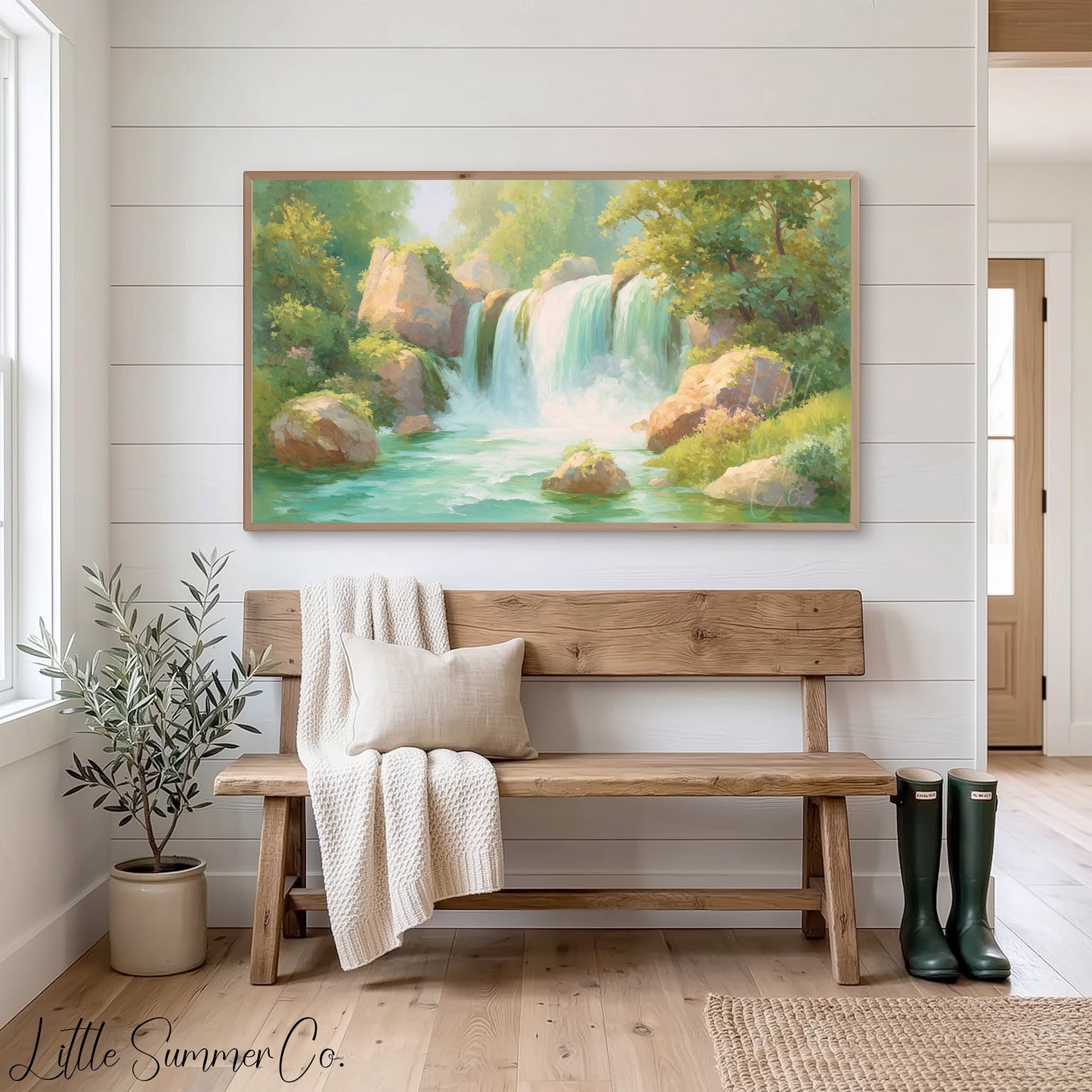 Sunlit Forest Waterfall Frame TV Art displayed on a TV