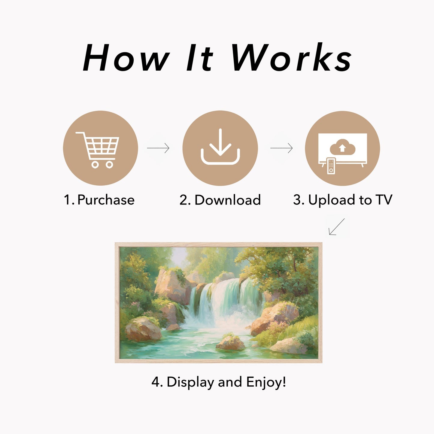Sunlit Forest Waterfall Frame TV Art displayed on a TV