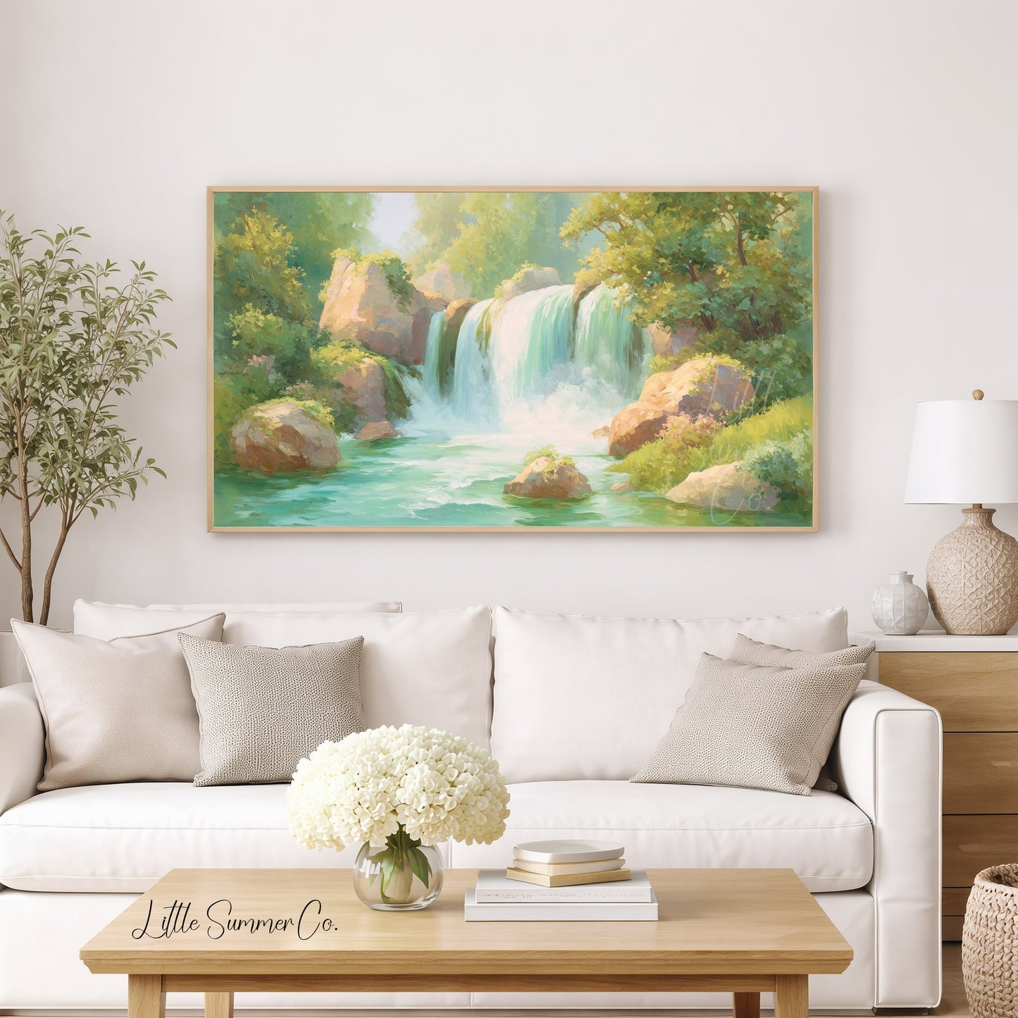 Sunlit Forest Waterfall Frame TV Art displayed on a TV