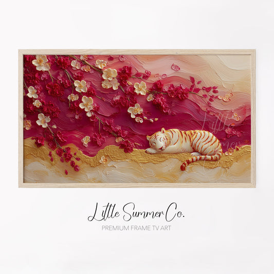 Tiger Under Cherry Blossom Frame TV Art displayed on a TV