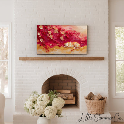 Tiger Under Cherry Blossom Frame TV Art displayed on a TV