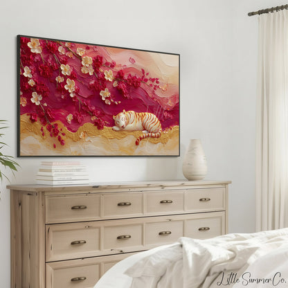 Tiger Under Cherry Blossom Frame TV Art displayed on a TV
