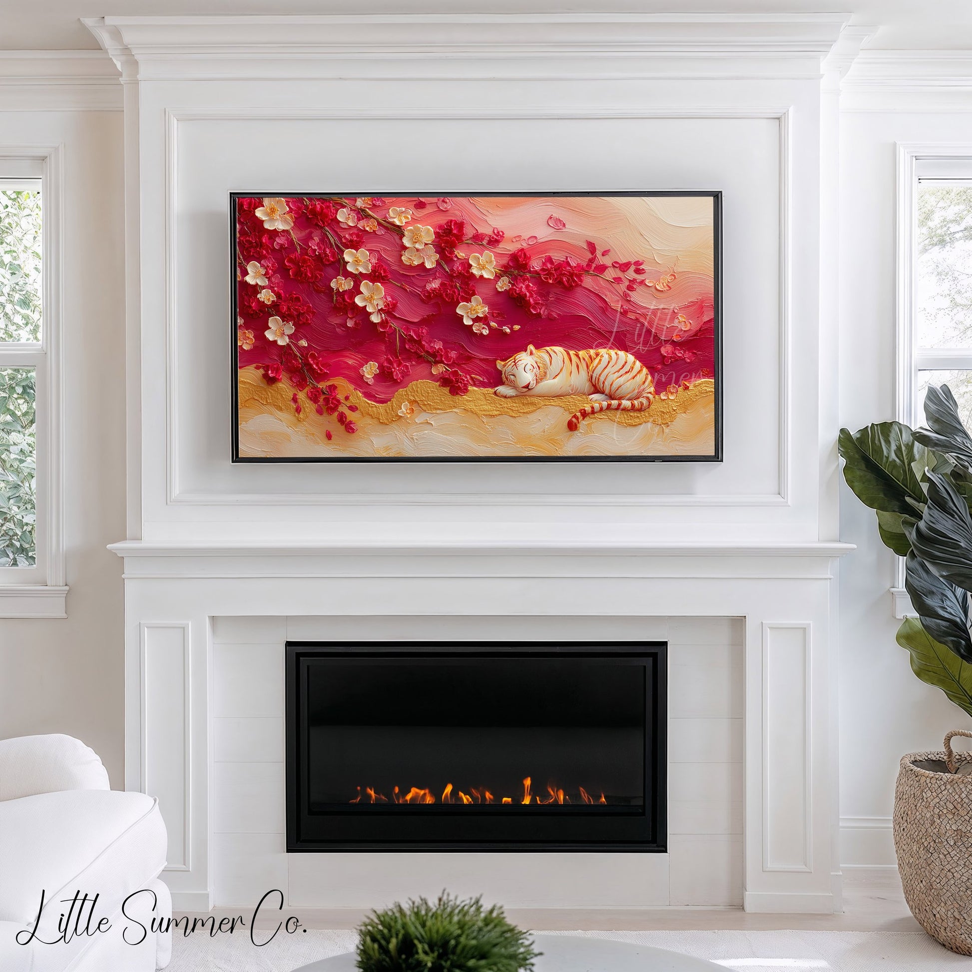 Tiger Under Cherry Blossom Frame TV Art displayed on a TV