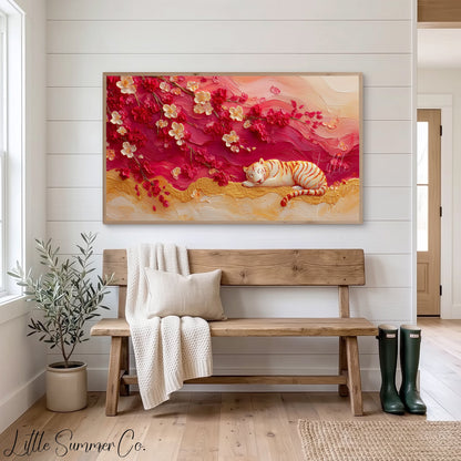Tiger Under Cherry Blossom Frame TV Art displayed on a TV