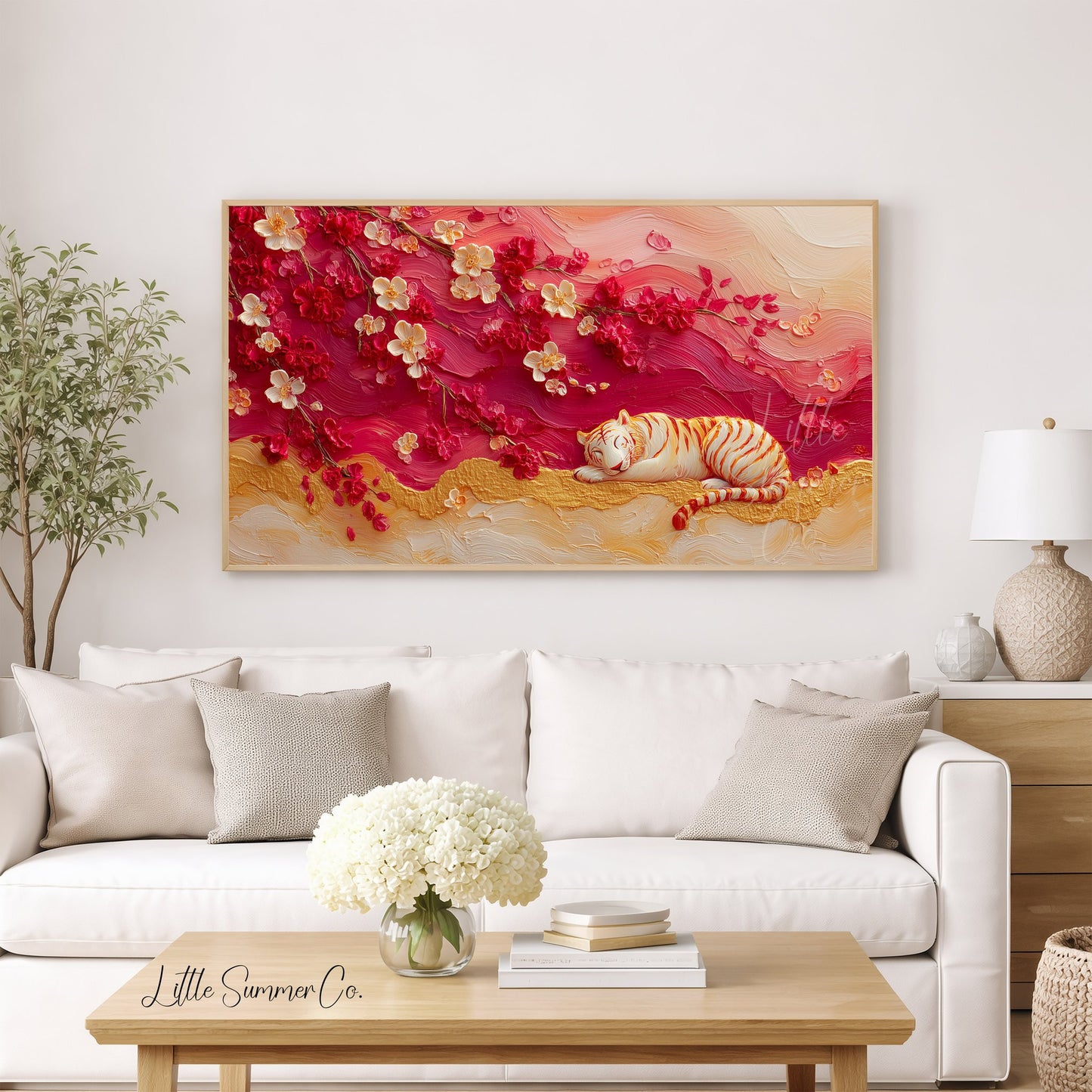 Tiger Under Cherry Blossom Frame TV Art displayed on a TV