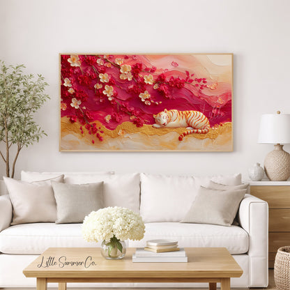 Tiger Under Cherry Blossom Frame TV Art displayed on a TV