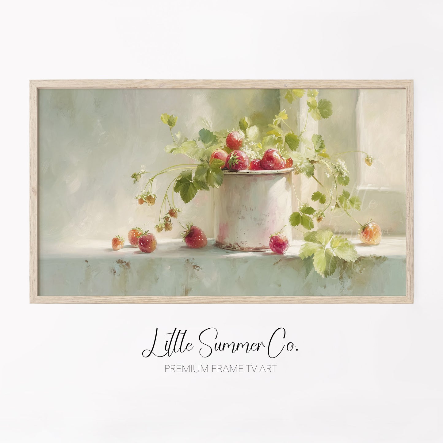 Strawberries In Enamel Cup Frame TV Art displayed on a TV