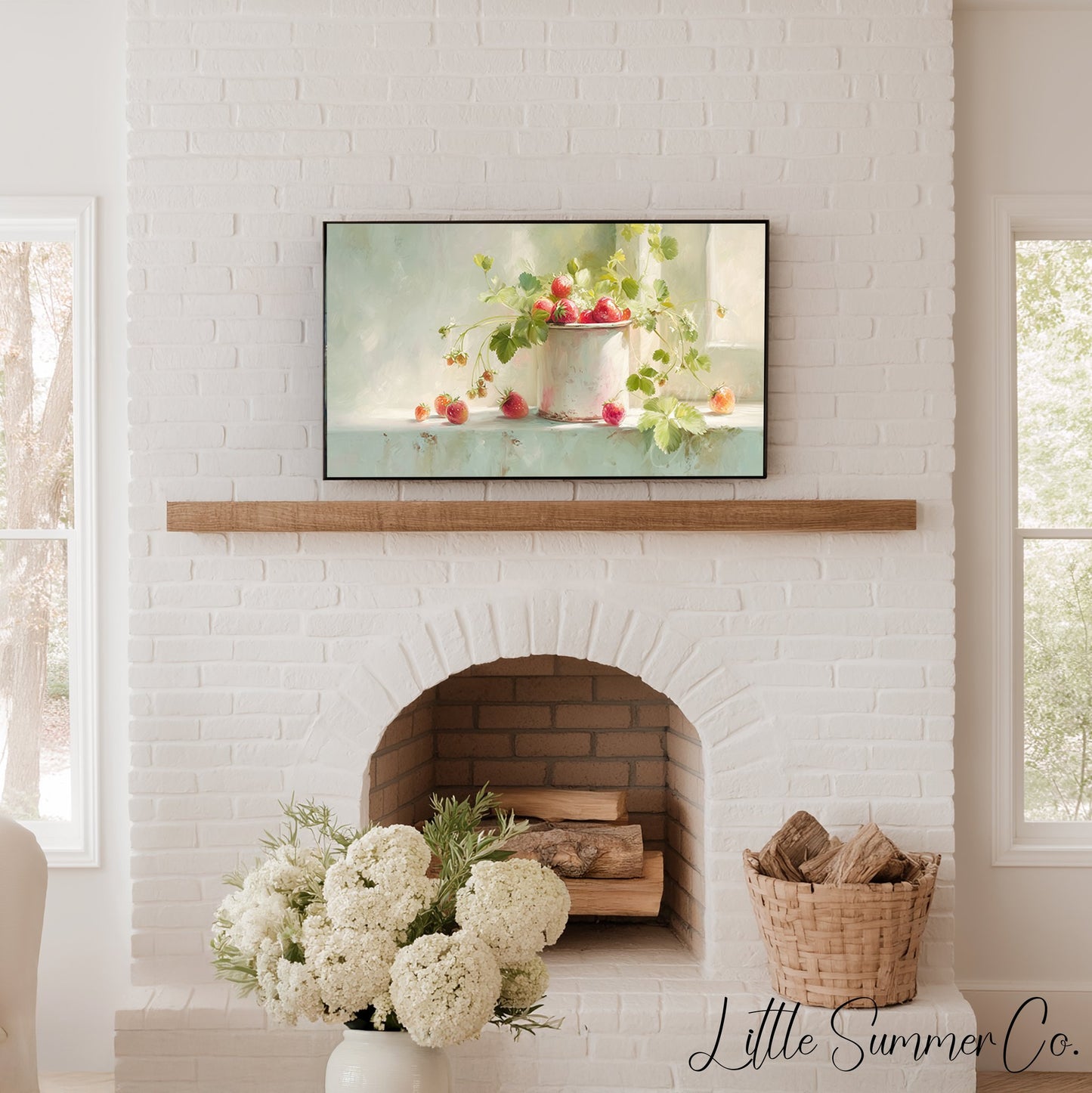 Strawberries In Enamel Cup Frame TV Art displayed on a TV