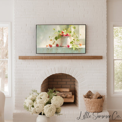 Strawberries In Enamel Cup Frame TV Art displayed on a TV