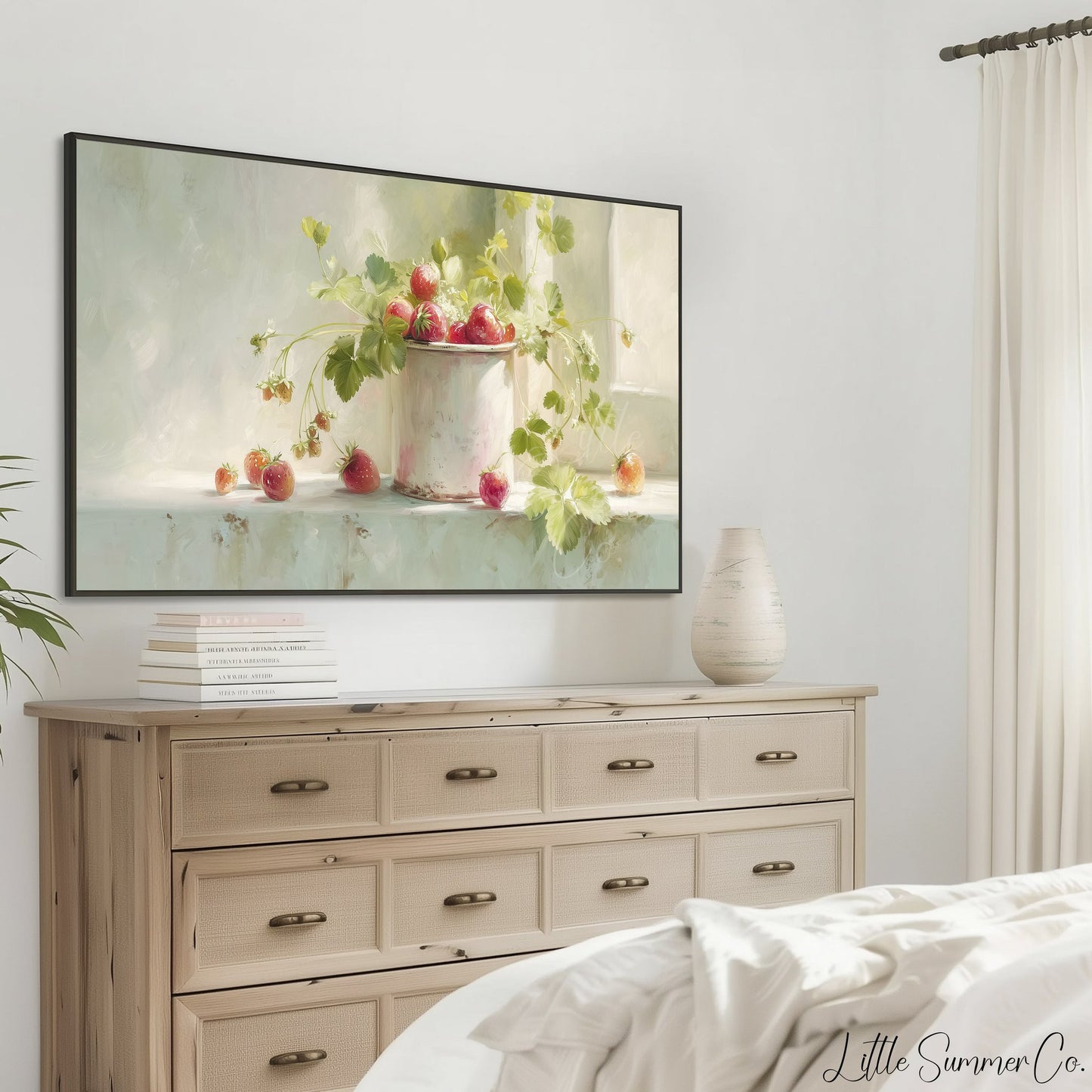 Strawberries In Enamel Cup Frame TV Art displayed on a TV