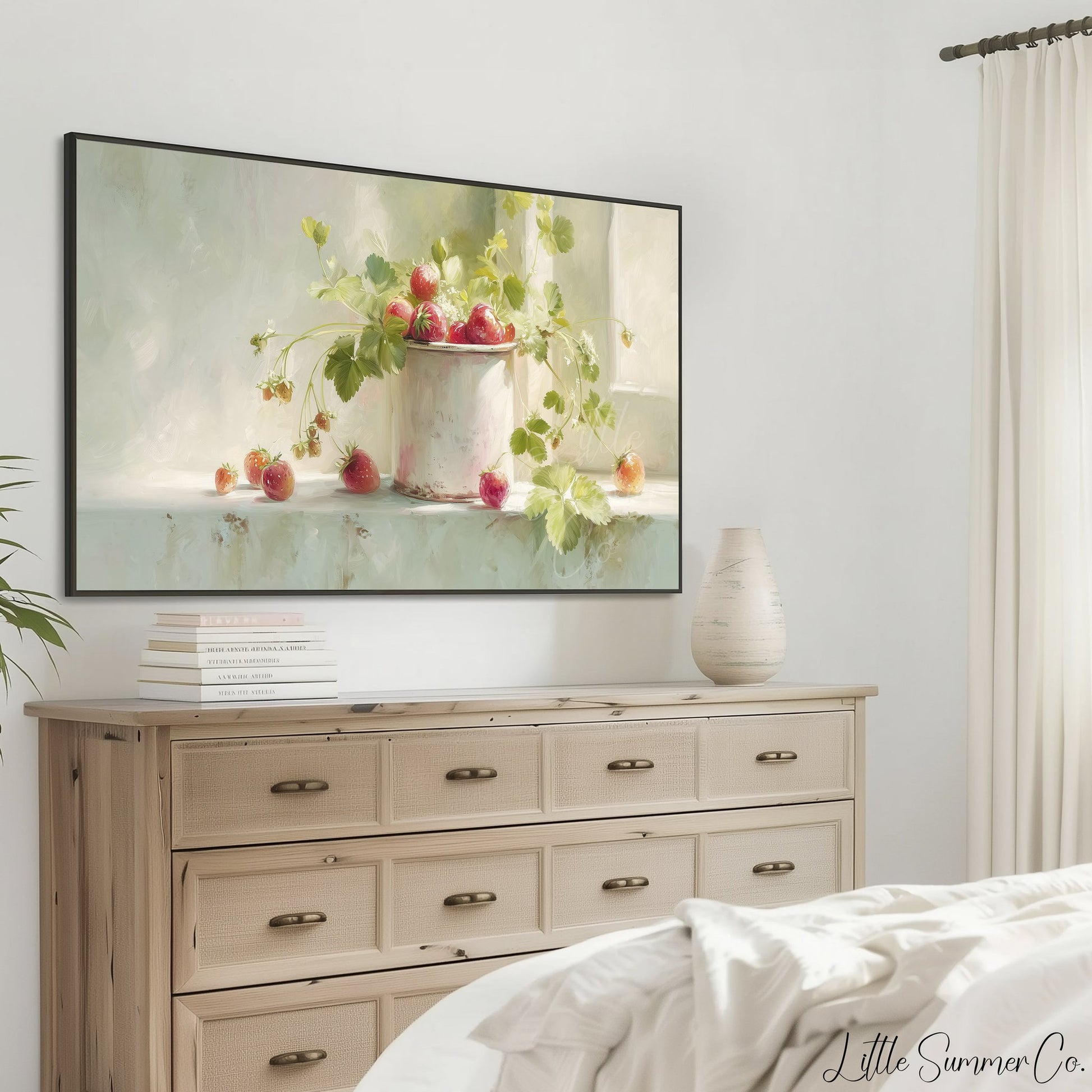 Strawberries In Enamel Cup Frame TV Art displayed on a TV