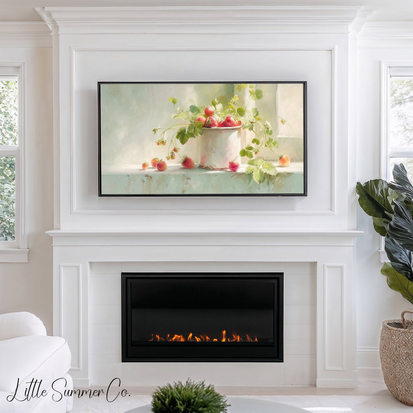 Strawberries In Enamel Cup Frame TV Art displayed on a TV