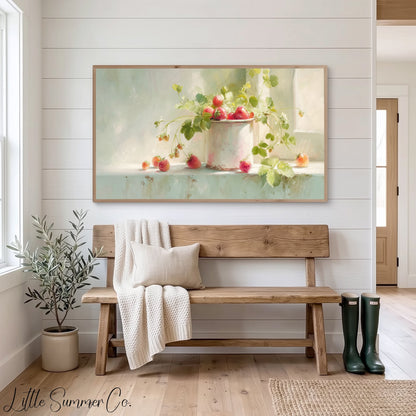 Strawberries In Enamel Cup Frame TV Art displayed on a TV