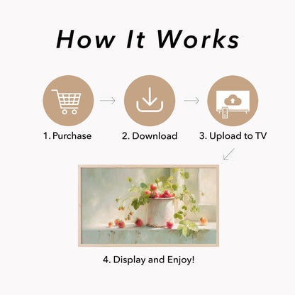 Strawberries In Enamel Cup Frame TV Art displayed on a TV