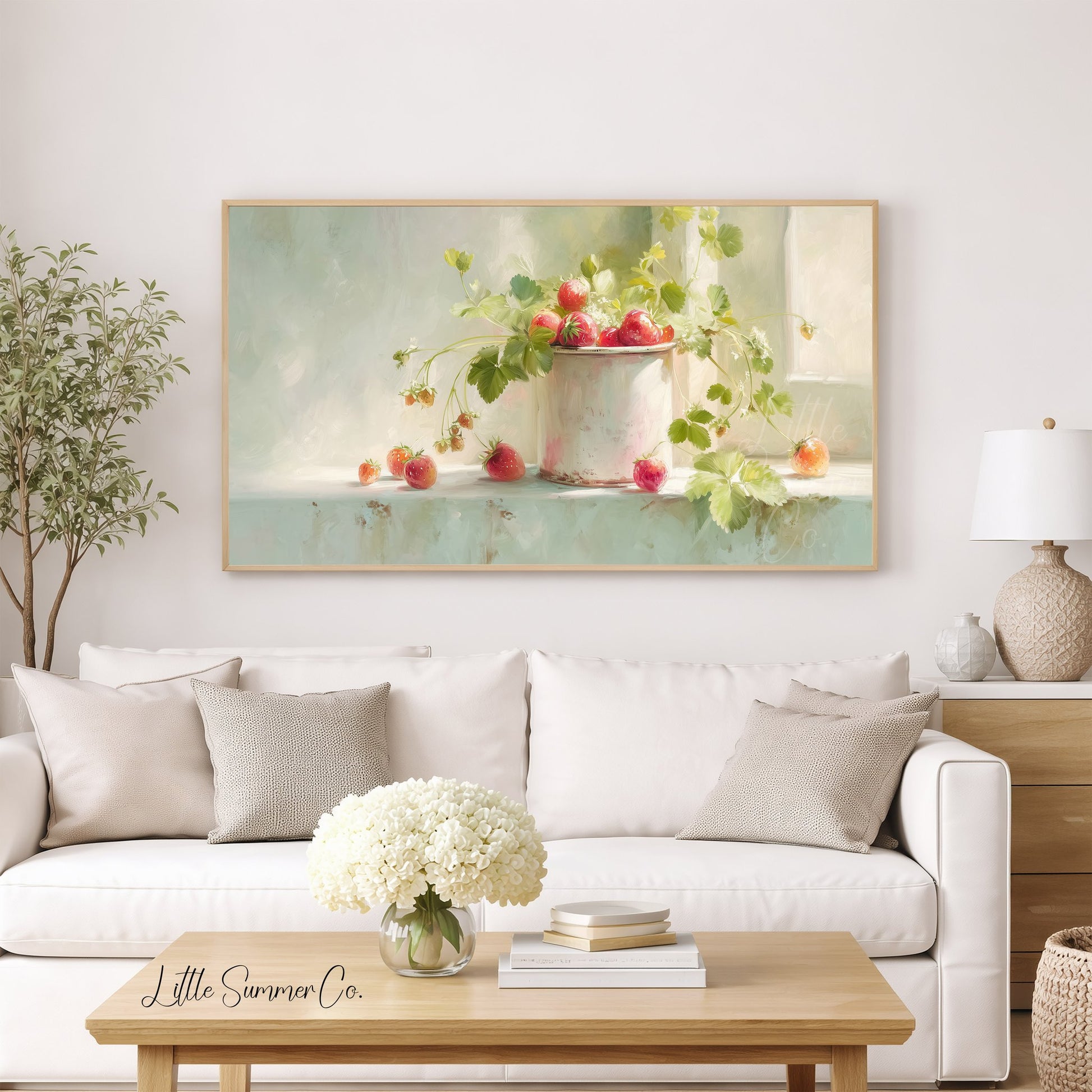 Strawberries In Enamel Cup Frame TV Art displayed on a TV