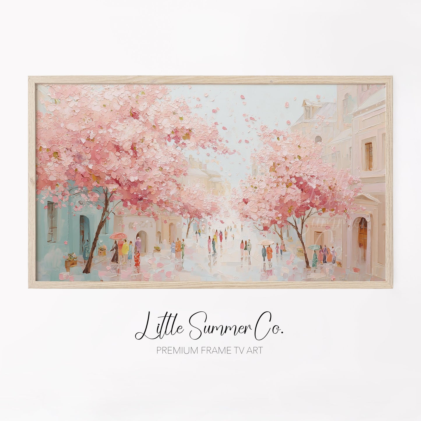 Cherry Blossom Town Street Frame TV Art displayed on a TV