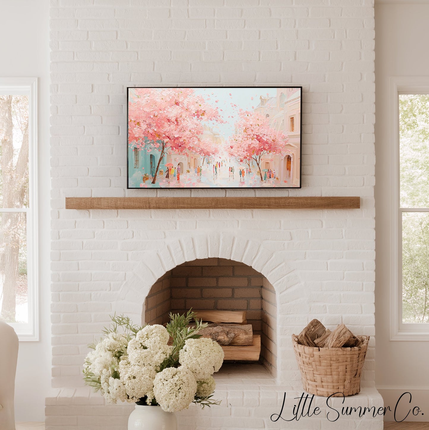 Cherry Blossom Town Street Frame TV Art displayed on a TV