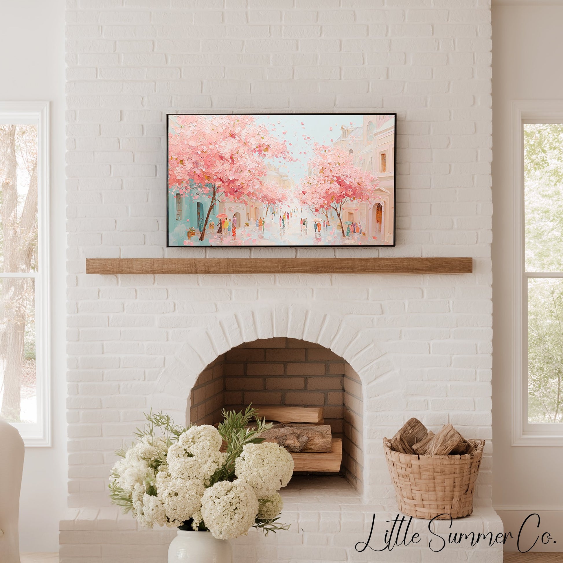 Cherry Blossom Town Street Frame TV Art displayed on a TV