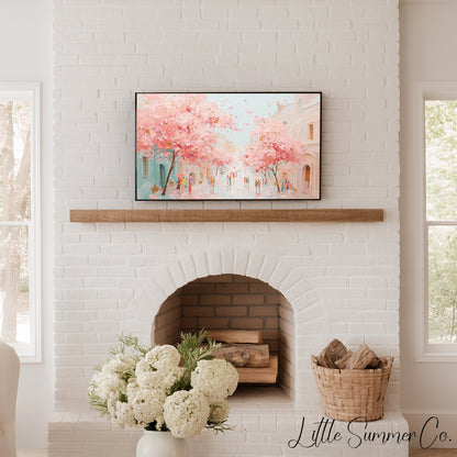 Cherry Blossom Town Street Frame TV Art displayed on a TV