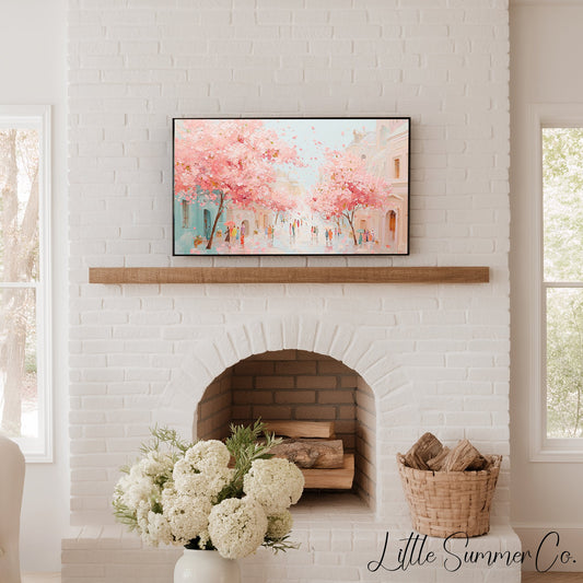 Cherry Blossom Town Street Frame TV Art displayed on a TV