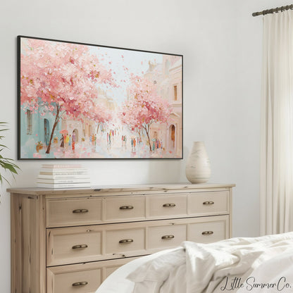 Cherry Blossom Town Street Frame TV Art displayed on a TV